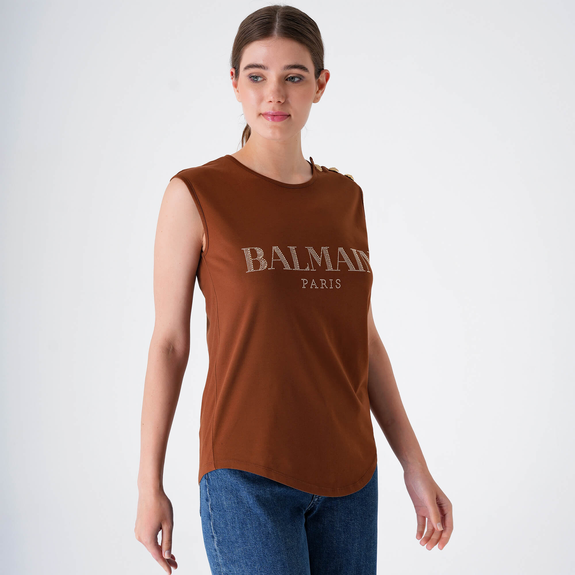 Balmain - Brown&Gold Stone Logo Sleevless Tshirt